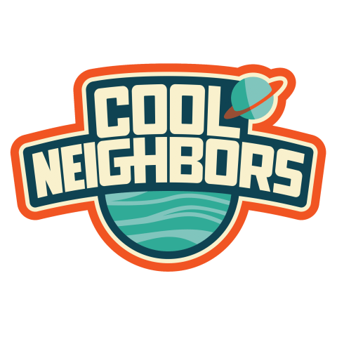Aqua green planet illustration sits behind the title text Cool Neighbors with another small planet in the upper right. An orange stroke line surrounds the logo.