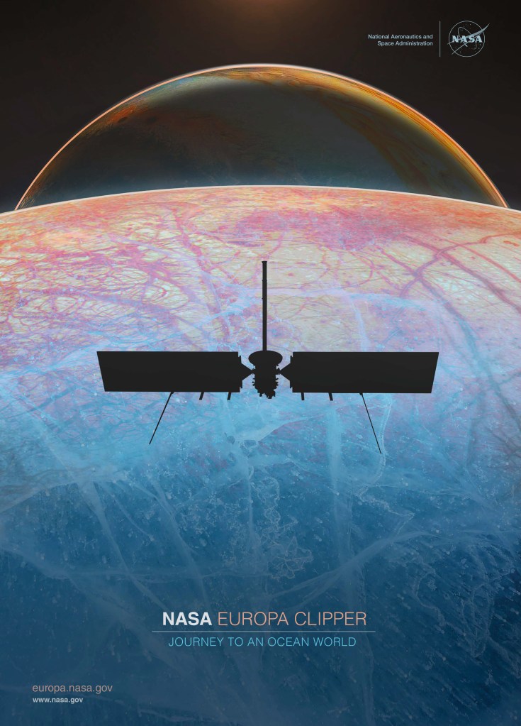 An illustration of Europa Clipper over Europa with Jupiter in the background.